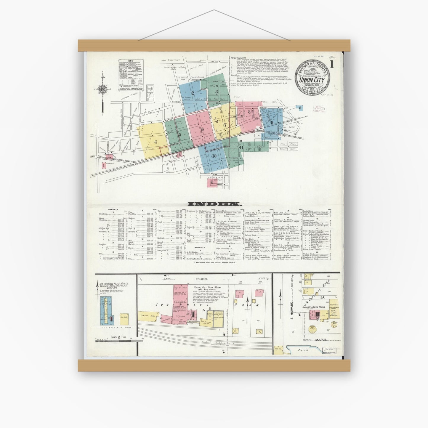 Old map wall art mockup — magnetic wood frame on white wall — Sanborn Fire Insurance Map from Union City, Randolph County, Indiana (1911) - Complete Map Set
