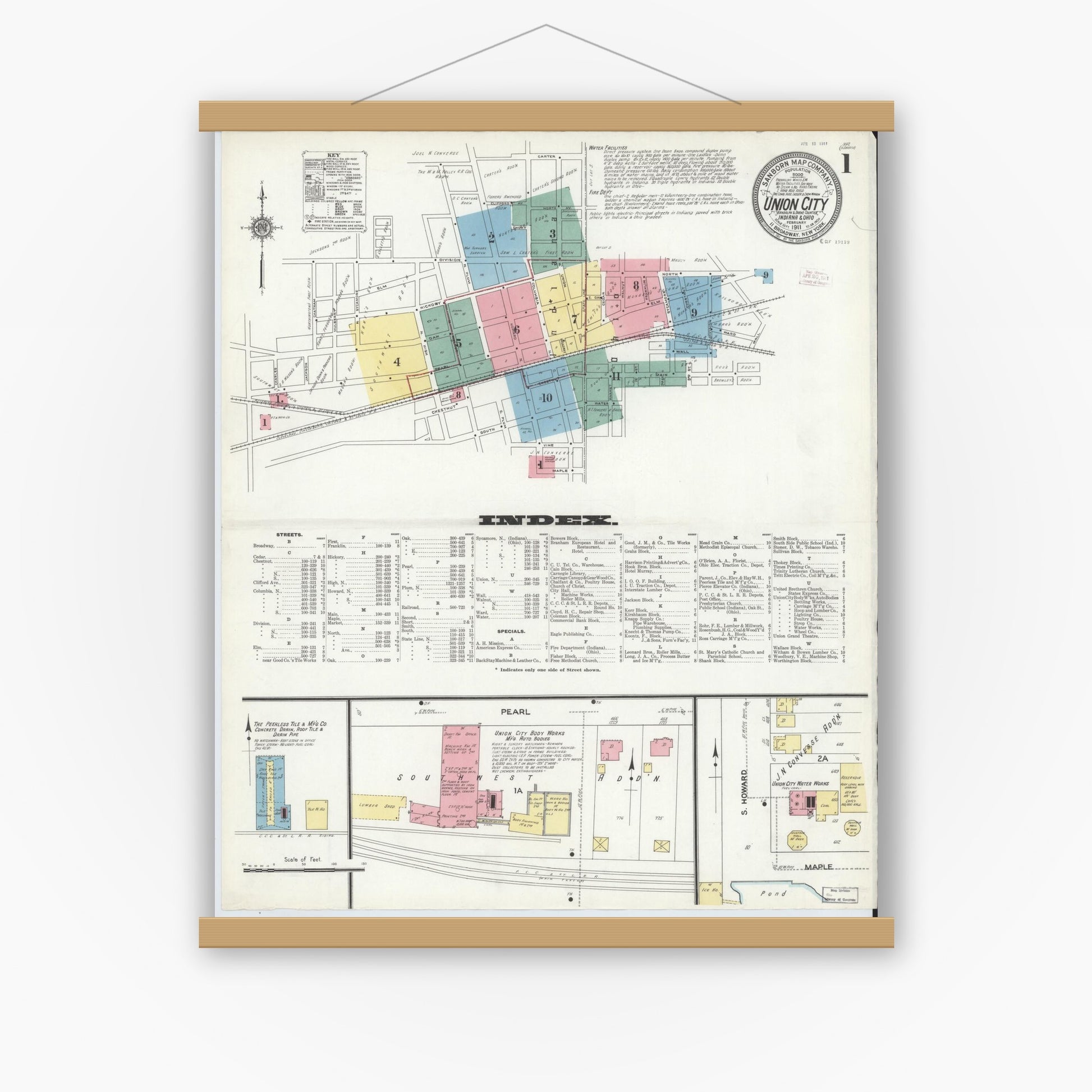 Old map wall art mockup — magnetic wood frame on white wall — Sanborn Fire Insurance Map from Union City, Randolph County, Indiana (1911) - Complete Map Set