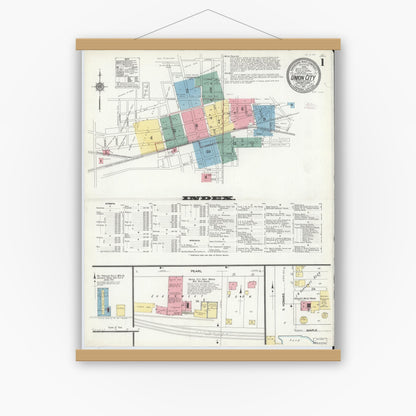 Old map wall art mockup — magnetic wood frame on white wall — Sanborn Fire Insurance Map from Union City, Randolph County, Indiana (1911) - Complete Map Set