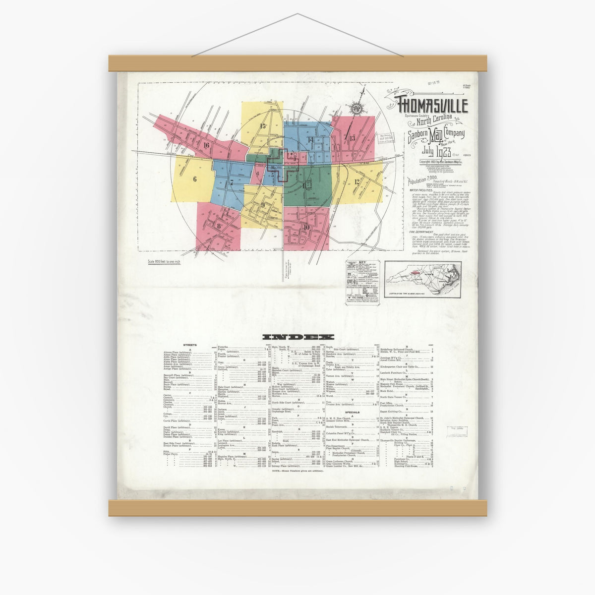 Old map wall art mockup — magnetic wood frame on white wall — Sanborn Fire Insurance Map from Thomasville, Davidson County, North Carolina (1923), Sheet #0001