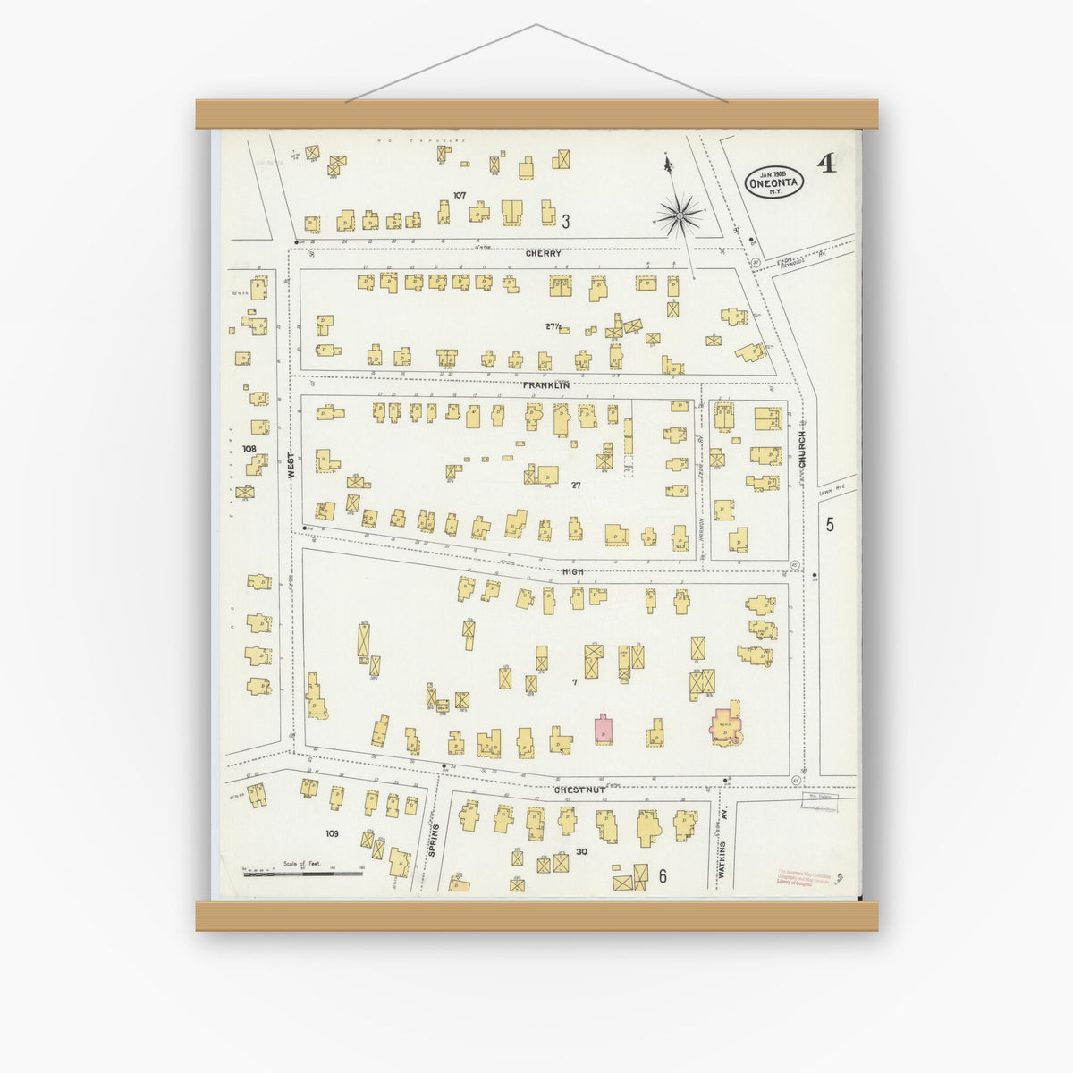 Old map wall art mockup — magnetic wood frame on white wall — Sanborn Fire Insurance Map from Oneonta, Otsego County, New York (1905), Sheet #0004