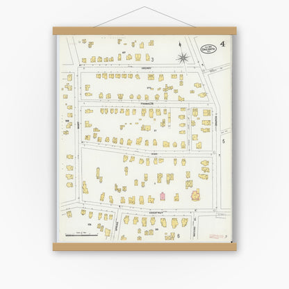 Old map wall art mockup — magnetic wood frame on white wall — Sanborn Fire Insurance Map from Oneonta, Otsego County, New York (1905), Sheet #0004