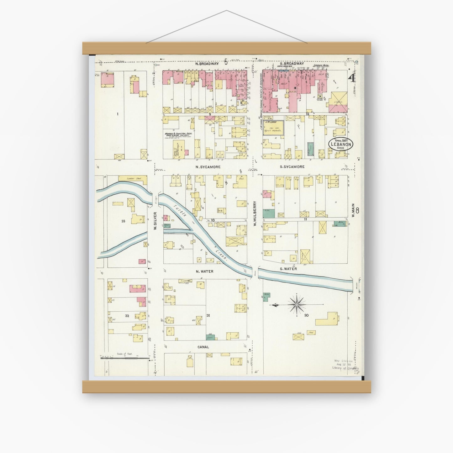 Old map wall art mockup — magnetic wood frame on white wall — Sanborn Fire Insurance Map from Lebanon, Warren County, Ohio (1907), Sheet #0004