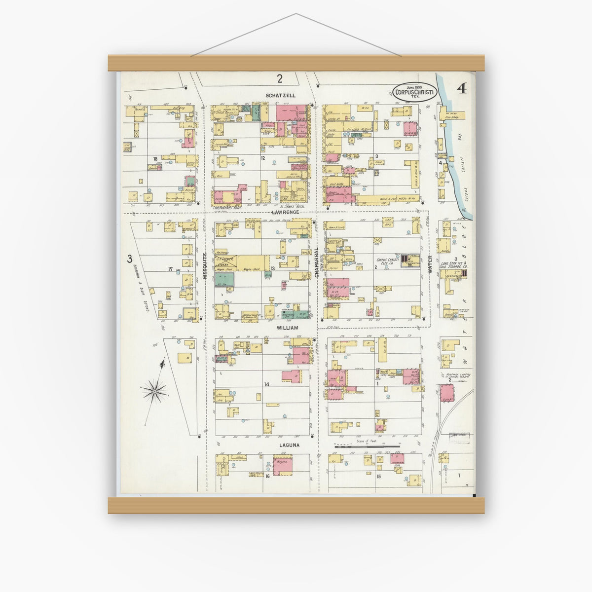 Old map wall art mockup — magnetic wood frame on white wall — Sanborn Fire Insurance Map from Corpus Christi, Nueces County, Texas (1900), Sheet #0004
