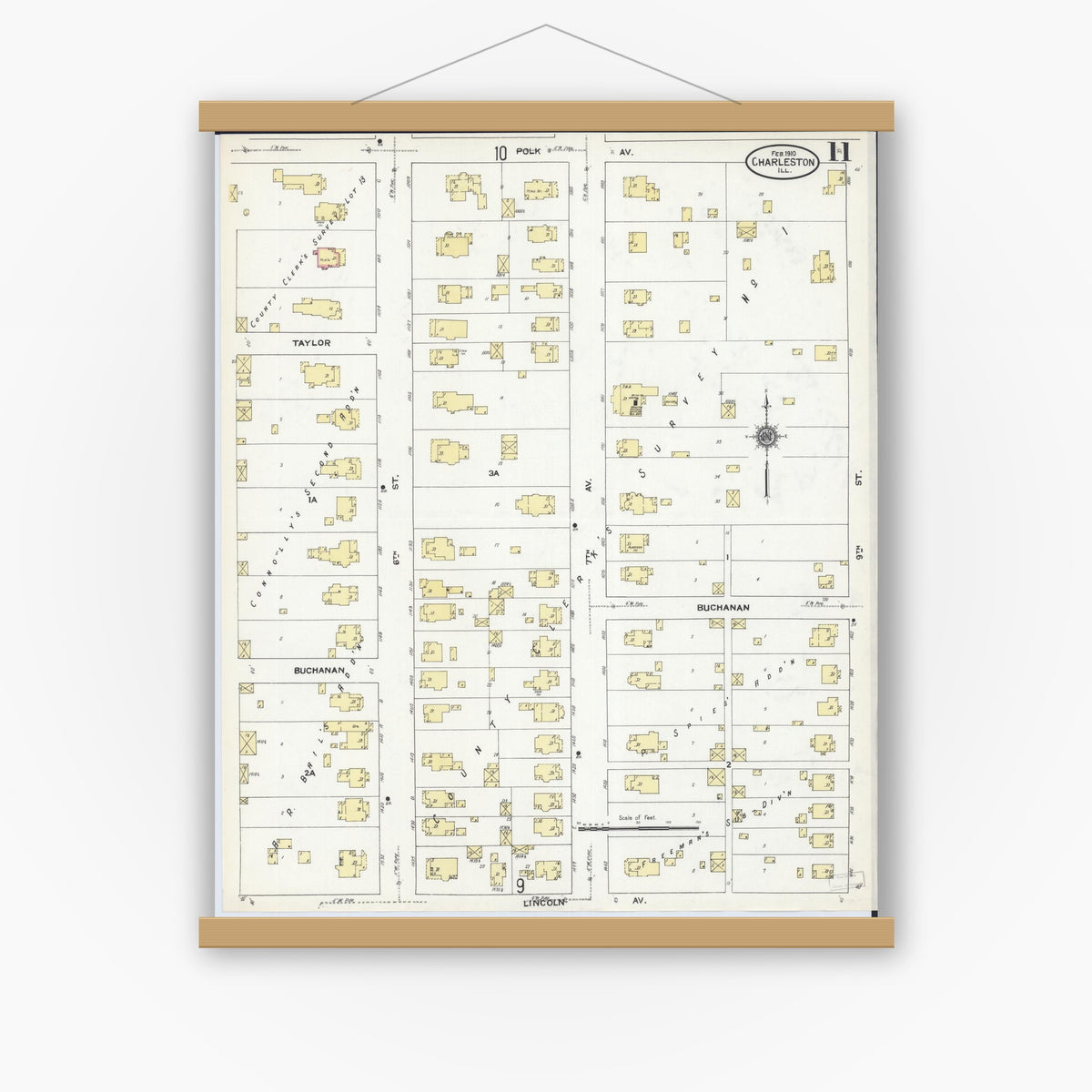 Old map wall art mockup — magnetic wood frame on white wall — Sanborn Fire Insurance Map from Charleston, Coles County, Illinois (1910), Sheet #0011