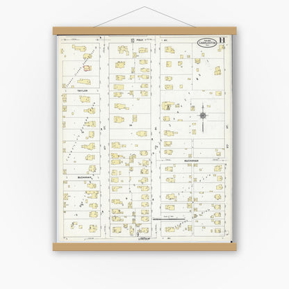 Old map wall art mockup — magnetic wood frame on white wall — Sanborn Fire Insurance Map from Charleston, Coles County, Illinois (1910), Sheet #0011