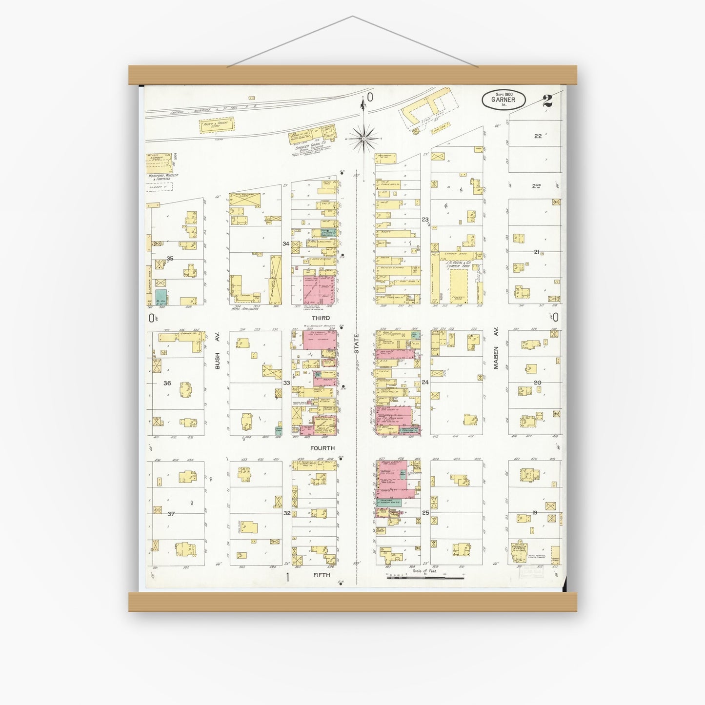 Old map wall art mockup — magnetic wood frame on white wall — Sanborn Fire Insurance Map from Garner, Hancock County, Iowa (1900), Sheet #0002