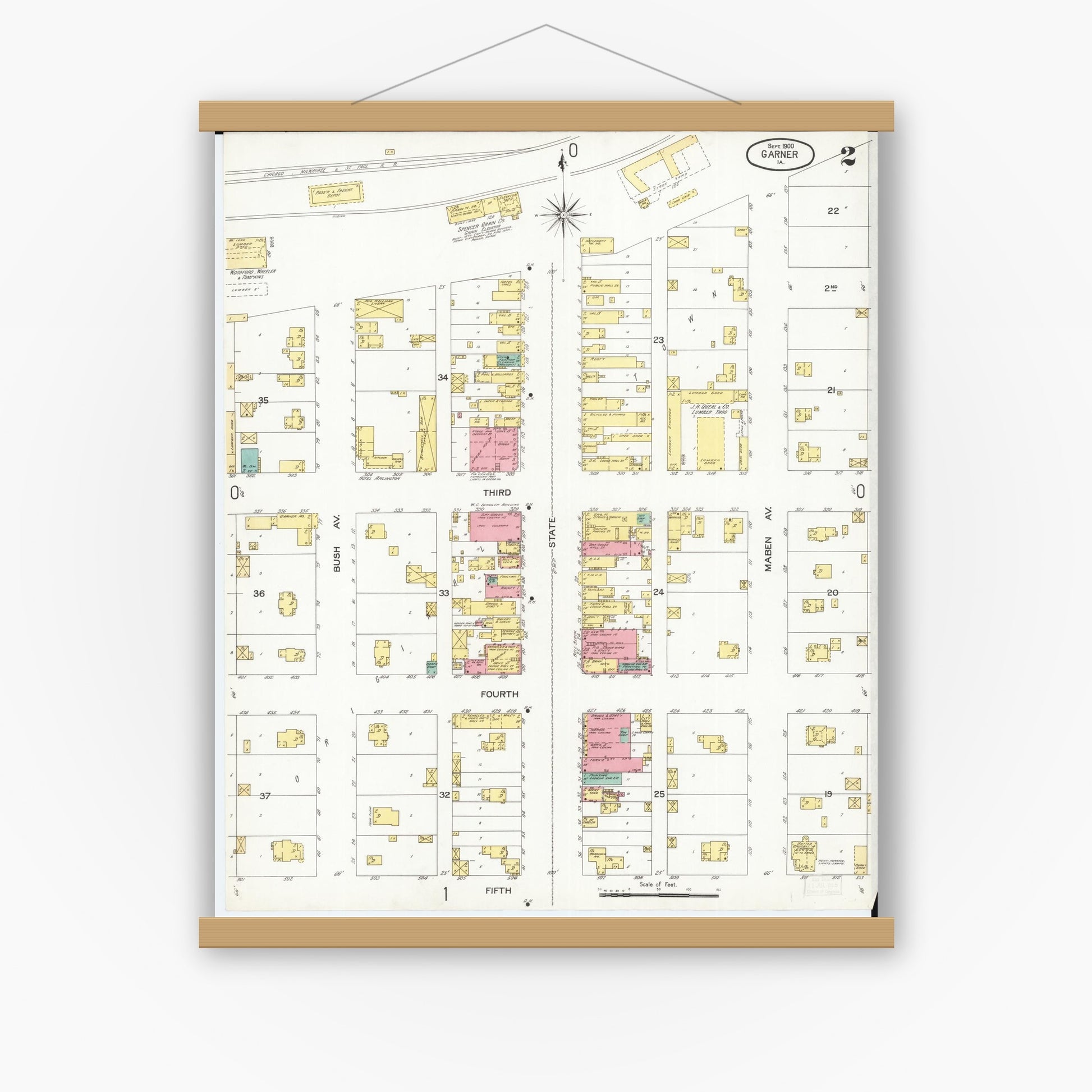 Old map wall art mockup — magnetic wood frame on white wall — Sanborn Fire Insurance Map from Garner, Hancock County, Iowa (1900), Sheet #0002