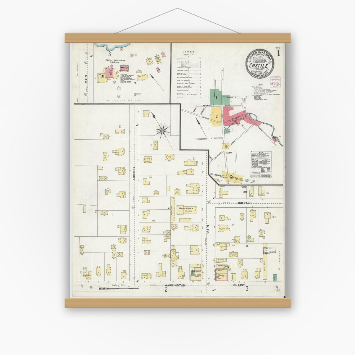 Old map wall art mockup — magnetic wood frame on white wall — Sanborn Fire Insurance Map from Castile, Wyoming County, New York (1905) - Complete Map Set