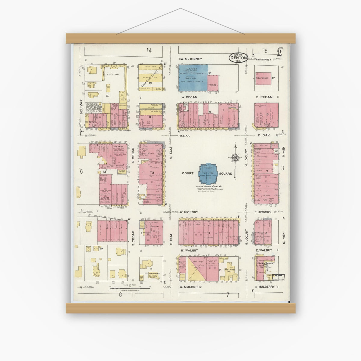 Old map wall art mockup — magnetic wood frame on white wall — Sanborn Fire Insurance Map from Denton, Denton County, Texas (1921), Sheet #0002