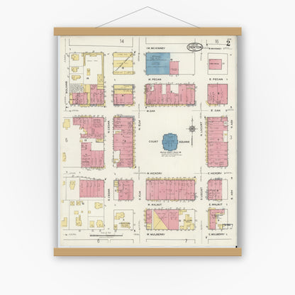 Old map wall art mockup — magnetic wood frame on white wall — Sanborn Fire Insurance Map from Denton, Denton County, Texas (1921), Sheet #0002