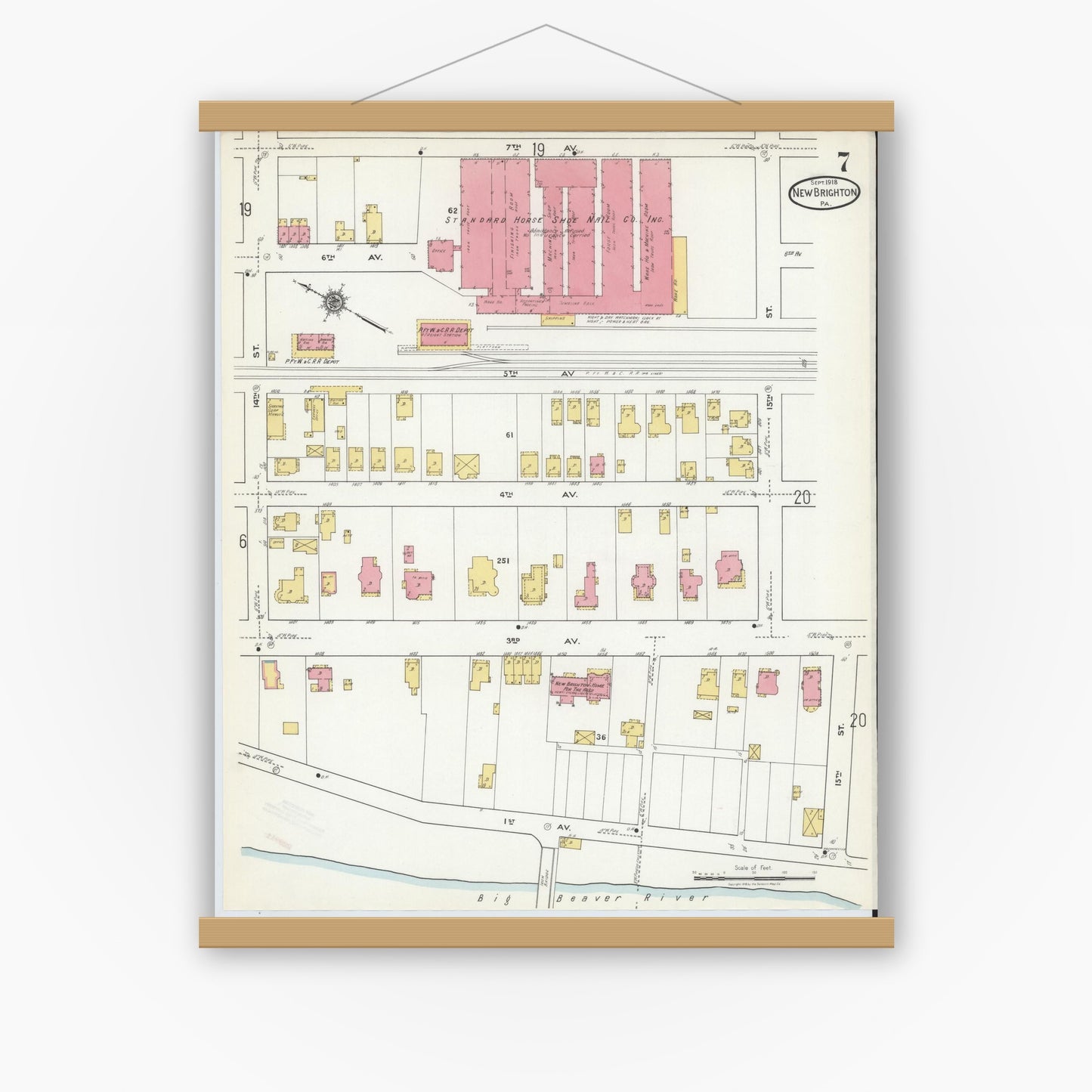 Old map wall art mockup — magnetic wood frame on white wall — Sanborn Fire Insurance Map from New Brighton, Beaver County, Pennsylvania (1918), Sheet #0007