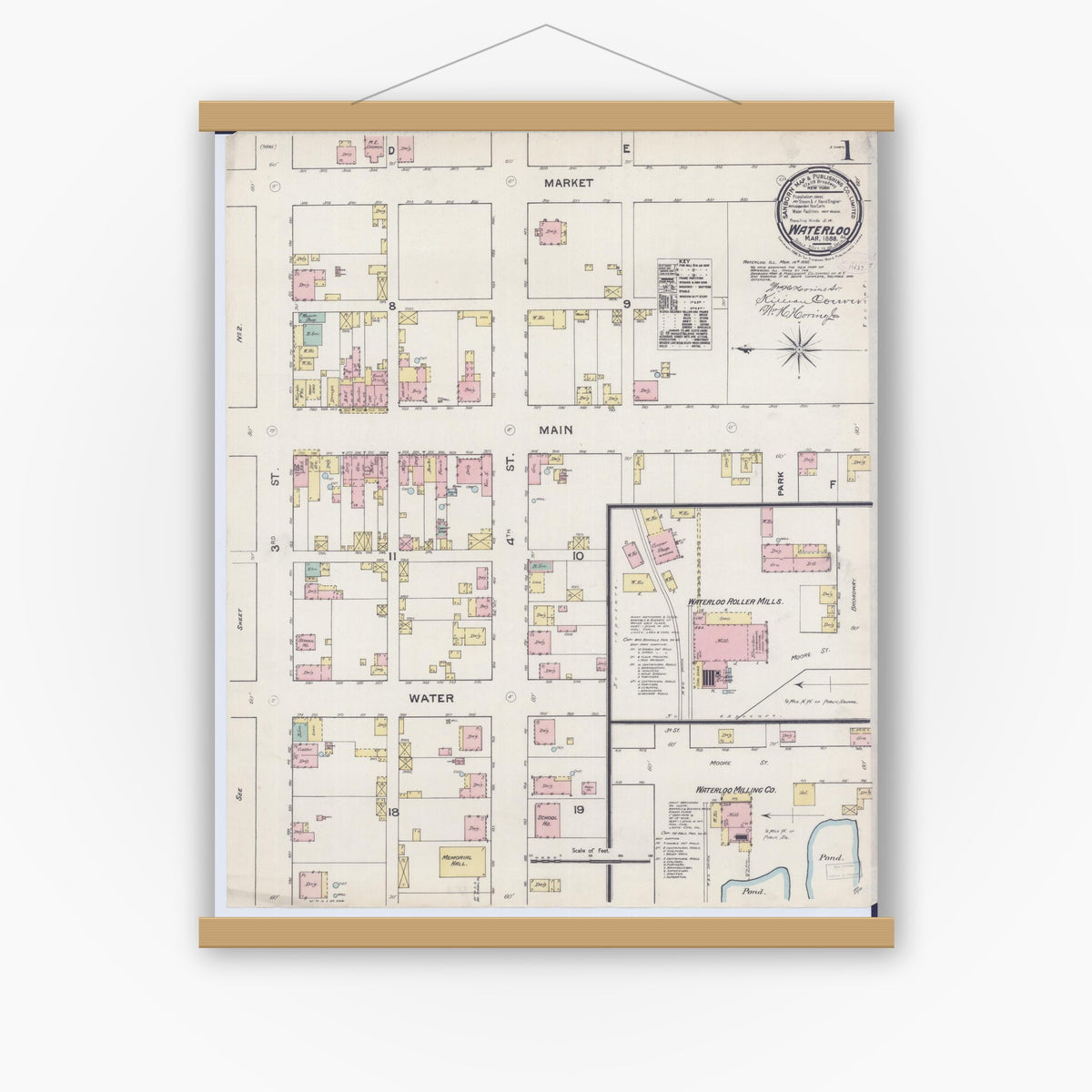 Old map wall art mockup — magnetic wood frame on white wall — Sanborn Fire Insurance Map from Waterloo, Monroe County, Illinois (1888) - Complete Map Set