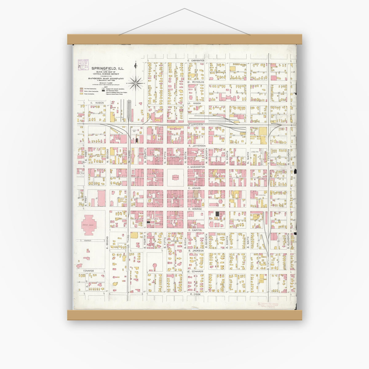 Old map wall art mockup — magnetic wood frame on white wall — Sanborn Fire Insurance Map from Springfield, Sangamon County, Illinois (1906), Sheet #0001