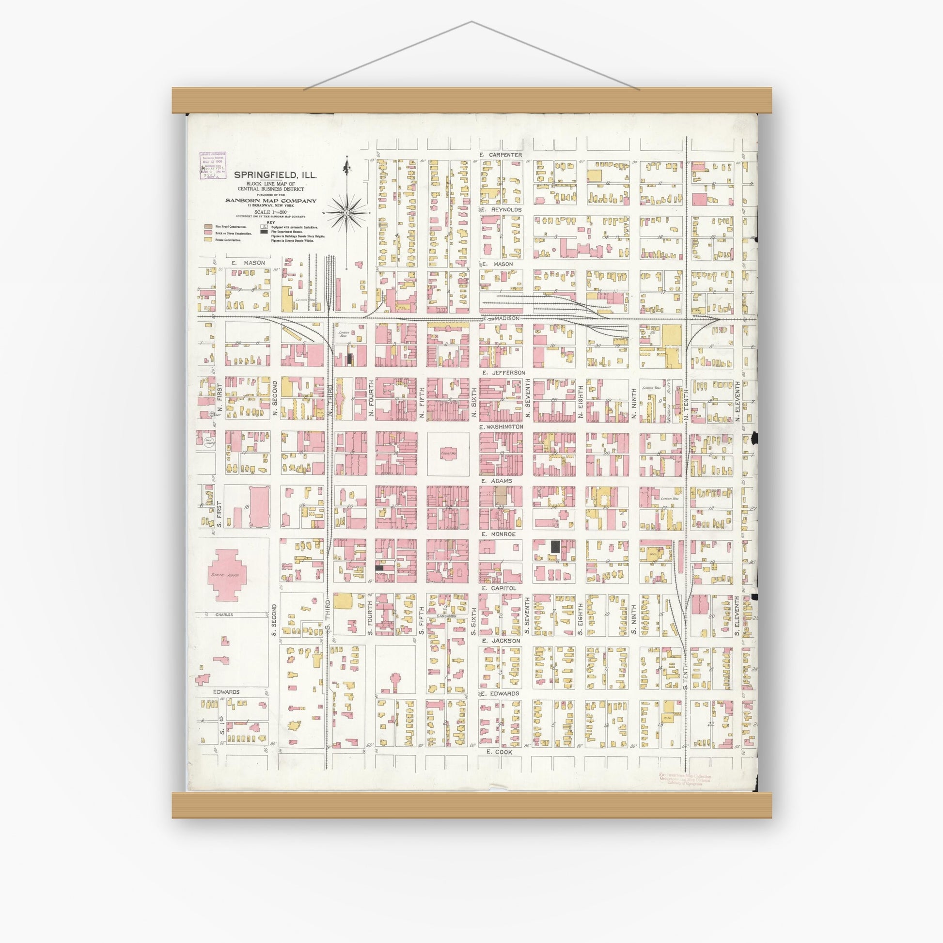 Old map wall art mockup — magnetic wood frame on white wall — Sanborn Fire Insurance Map from Springfield, Sangamon County, Illinois (1906), Sheet #0001