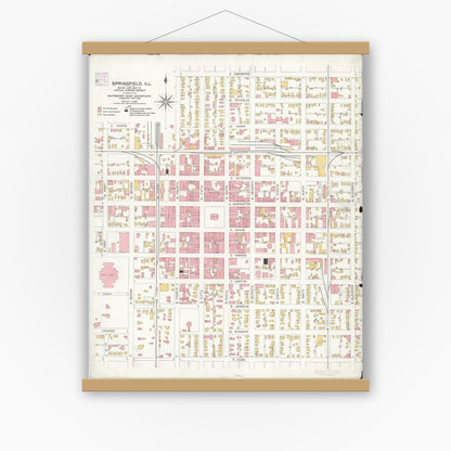 Old map wall art mockup — magnetic wood frame on white wall — Sanborn Fire Insurance Map from Springfield, Sangamon County, Illinois (1906), Sheet #0001