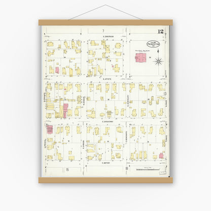 Old map wall art mockup — magnetic wood frame on white wall — Sanborn Fire Insurance Map from Princeton, Gibson County, Indiana (1907), Sheet #0012