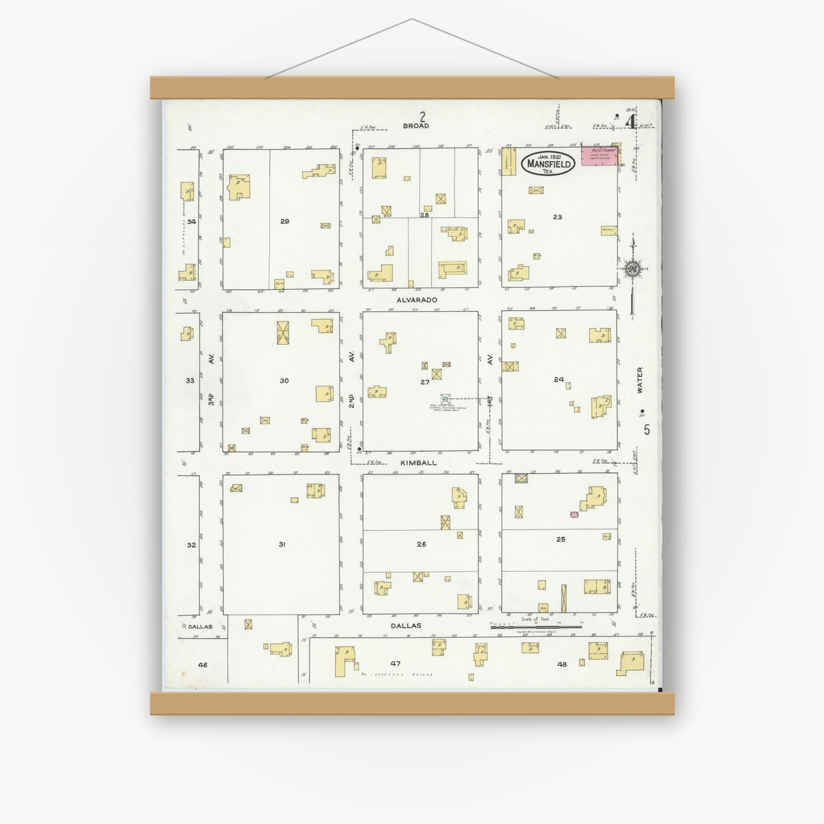 Old map wall art mockup — magnetic wood frame on white wall — Sanborn Fire Insurance Map from Mansfield, Tarrant County, Texas (1921), Sheet #0004