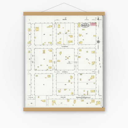 Old map wall art mockup — magnetic wood frame on white wall — Sanborn Fire Insurance Map from Mansfield, Tarrant County, Texas (1921), Sheet #0004
