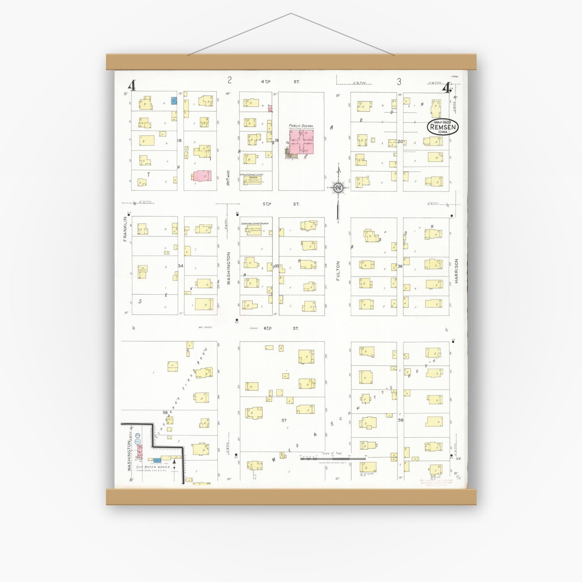 Old map wall art mockup — magnetic wood frame on white wall — Sanborn Fire Insurance Map from Remsen, Plymouth County, Iowa (1929), Sheet #0004