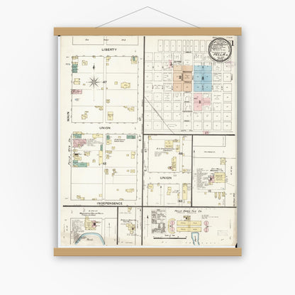 Old map wall art mockup — magnetic wood frame on white wall — Sanborn Fire Insurance Map from Pella, Marion County, Iowa (1888), Sheet #0001