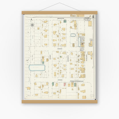 Old map wall art mockup — magnetic wood frame on white wall — Sanborn Fire Insurance Map from Ashley, Washington County, Illinois (1900), Sheet #0002