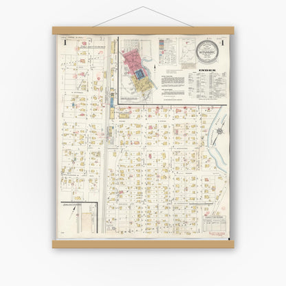 Old map wall art mockup — magnetic wood frame on white wall — Sanborn Fire Insurance Map from Winamac, Pulaski County, Indiana (1943), Sheet #0001