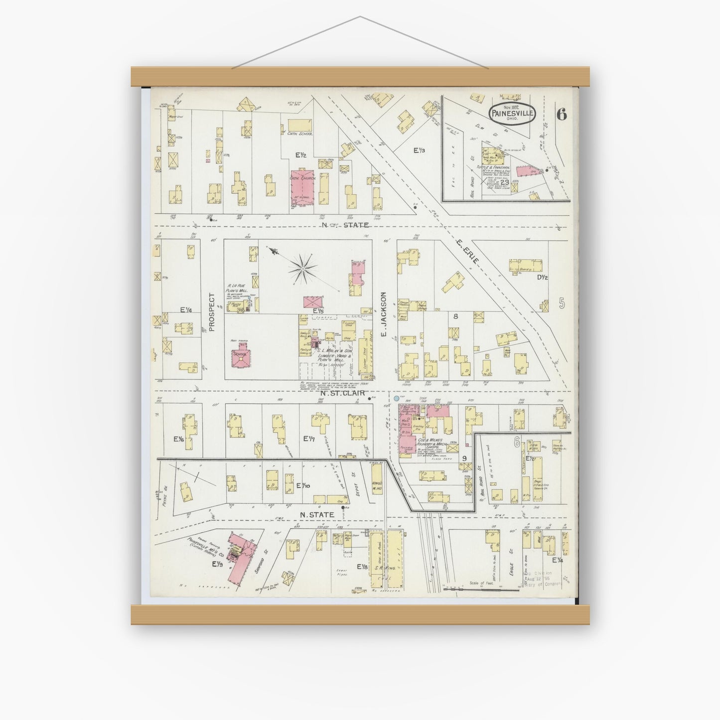 Old map wall art mockup — magnetic wood frame on white wall — Sanborn Fire Insurance Map from Painesville, Lake County, Ohio (1892), Sheet #0006