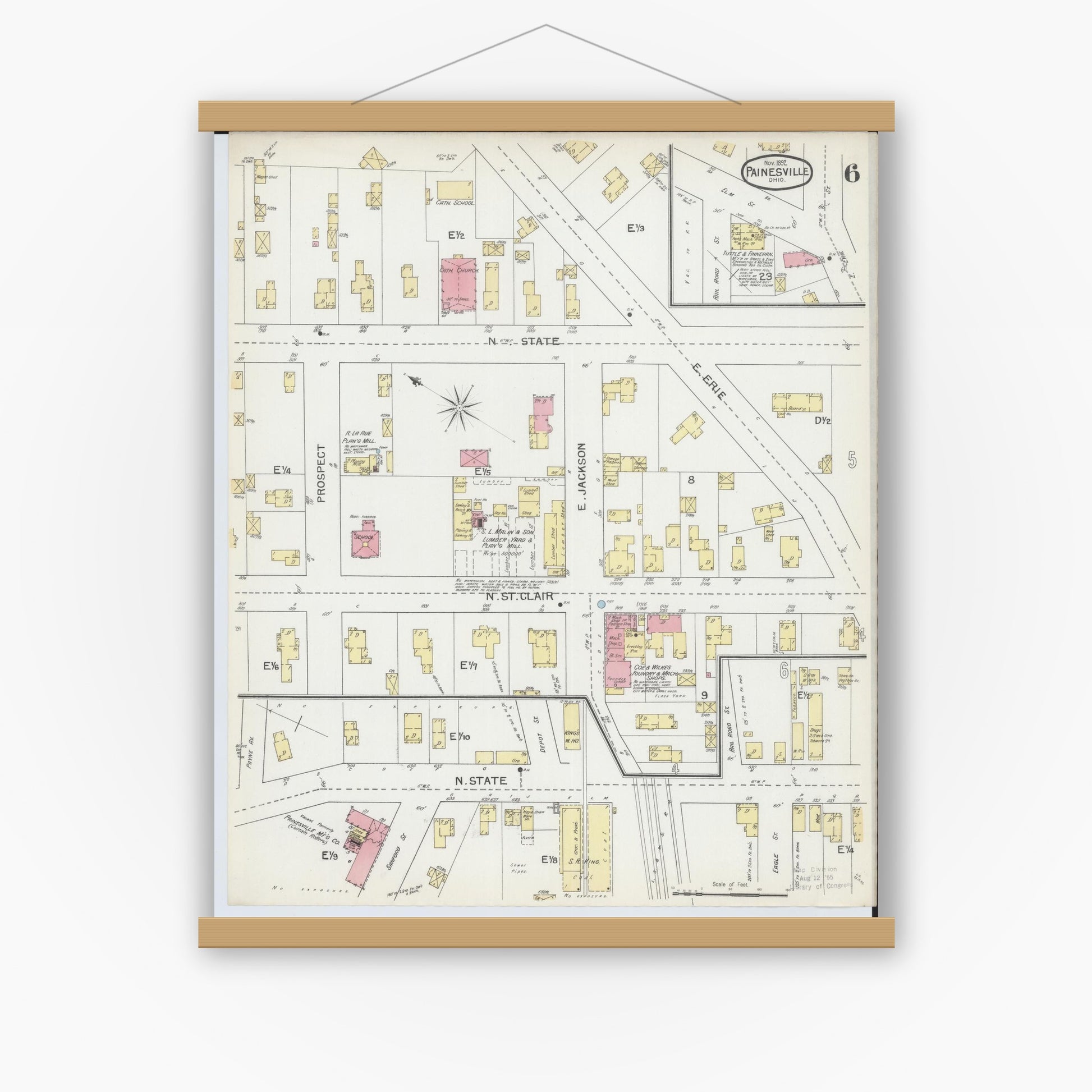 Old map wall art mockup — magnetic wood frame on white wall — Sanborn Fire Insurance Map from Painesville, Lake County, Ohio (1892), Sheet #0006