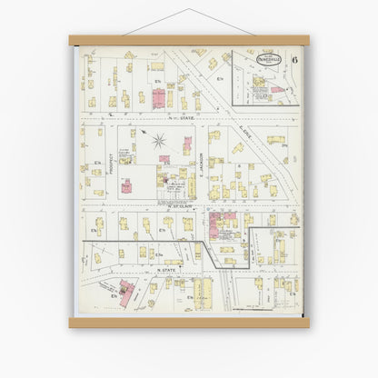 Old map wall art mockup — magnetic wood frame on white wall — Sanborn Fire Insurance Map from Painesville, Lake County, Ohio (1892), Sheet #0006