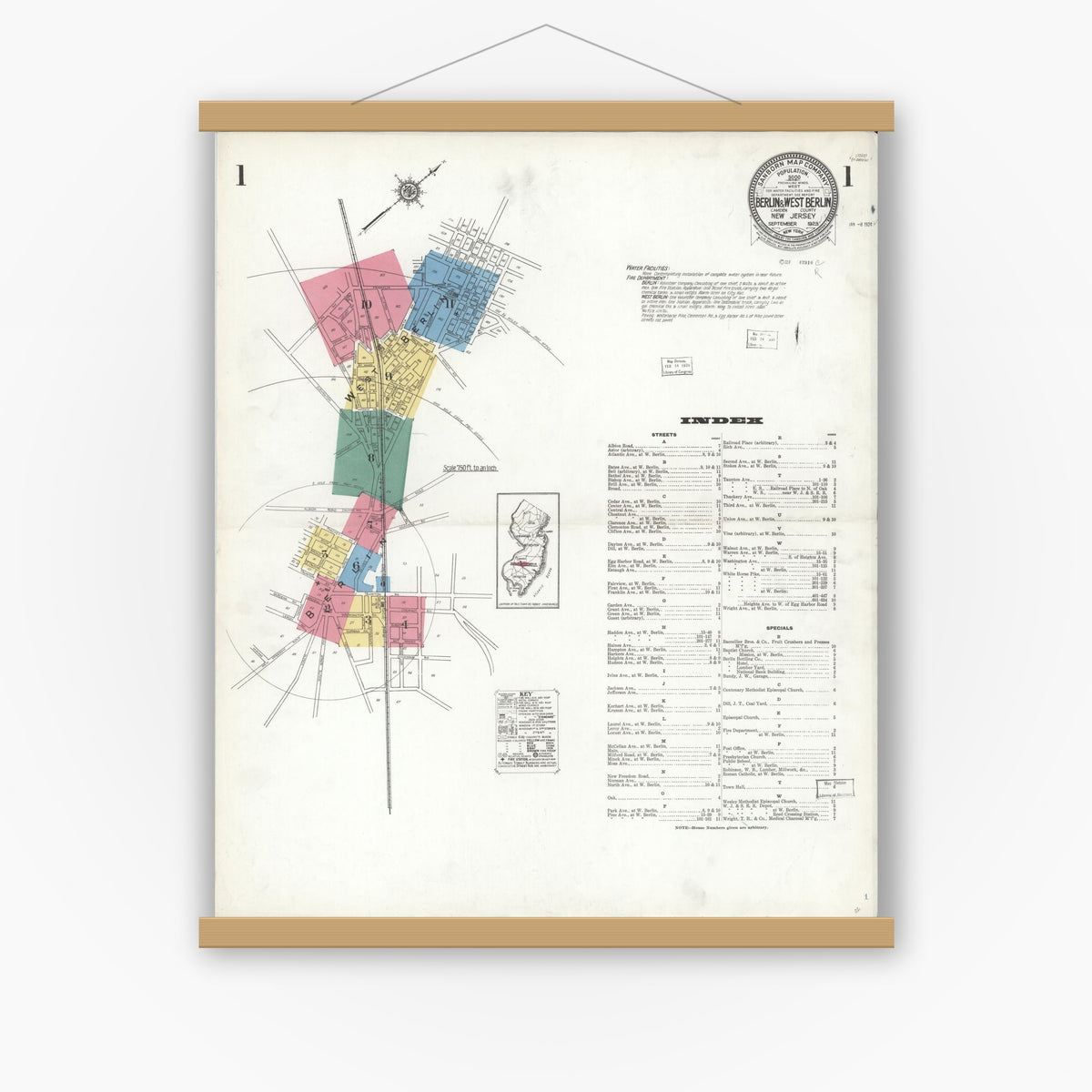 Old map wall art mockup — magnetic wood frame on white wall — Sanborn Fire Insurance Map from Berlin, Camden County, New Jersey (1923) - Complete Map Set