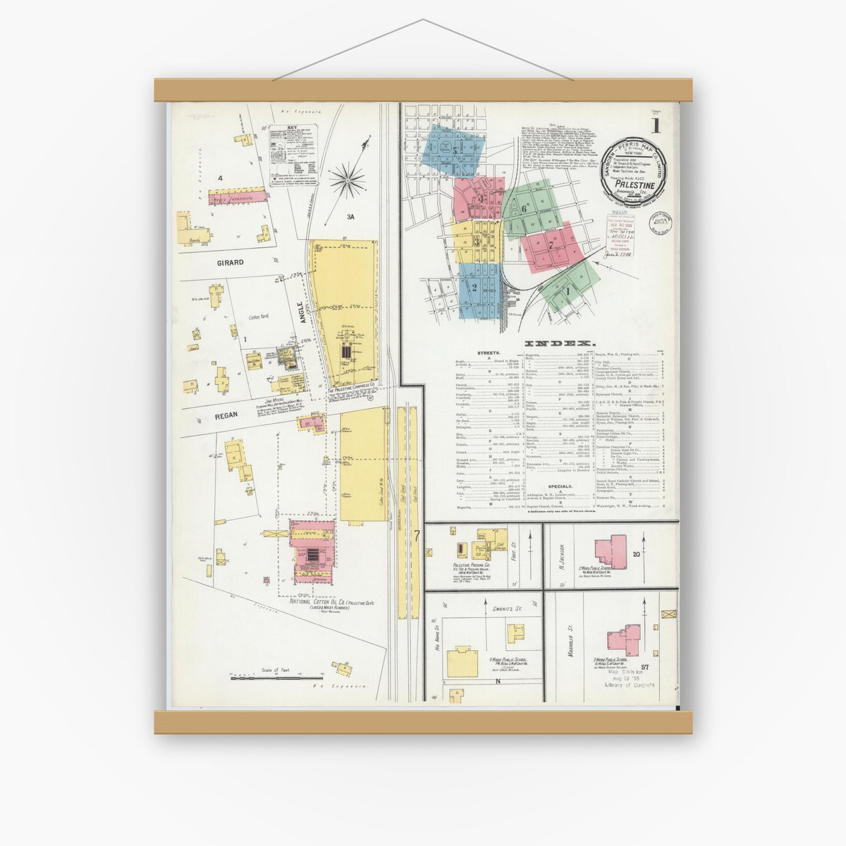 Old map wall art mockup — magnetic wood frame on white wall — Sanborn Fire Insurance Map from Palestine, Anderson County, Texas (1900), Sheet #0001