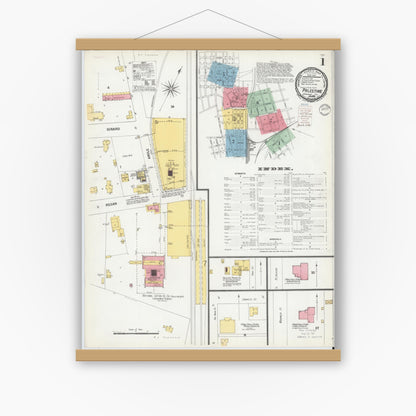 Old map wall art mockup — magnetic wood frame on white wall — Sanborn Fire Insurance Map from Palestine, Anderson County, Texas (1900), Sheet #0001