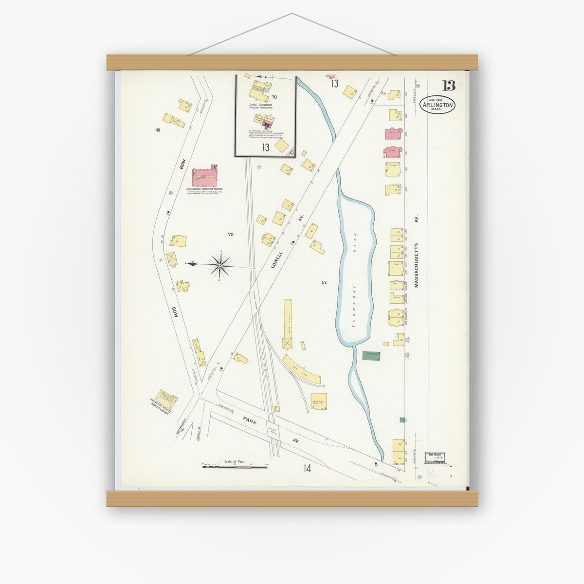 Old map wall art mockup — magnetic wood frame on white wall — Sanborn Fire Insurance Map from Arlington, Middlesex County, Massachusetts (1908), Sheet #0013