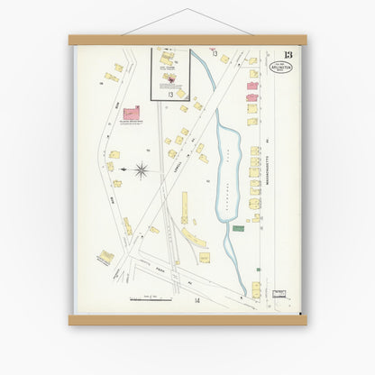 Old map wall art mockup — magnetic wood frame on white wall — Sanborn Fire Insurance Map from Arlington, Middlesex County, Massachusetts (1908), Sheet #0013