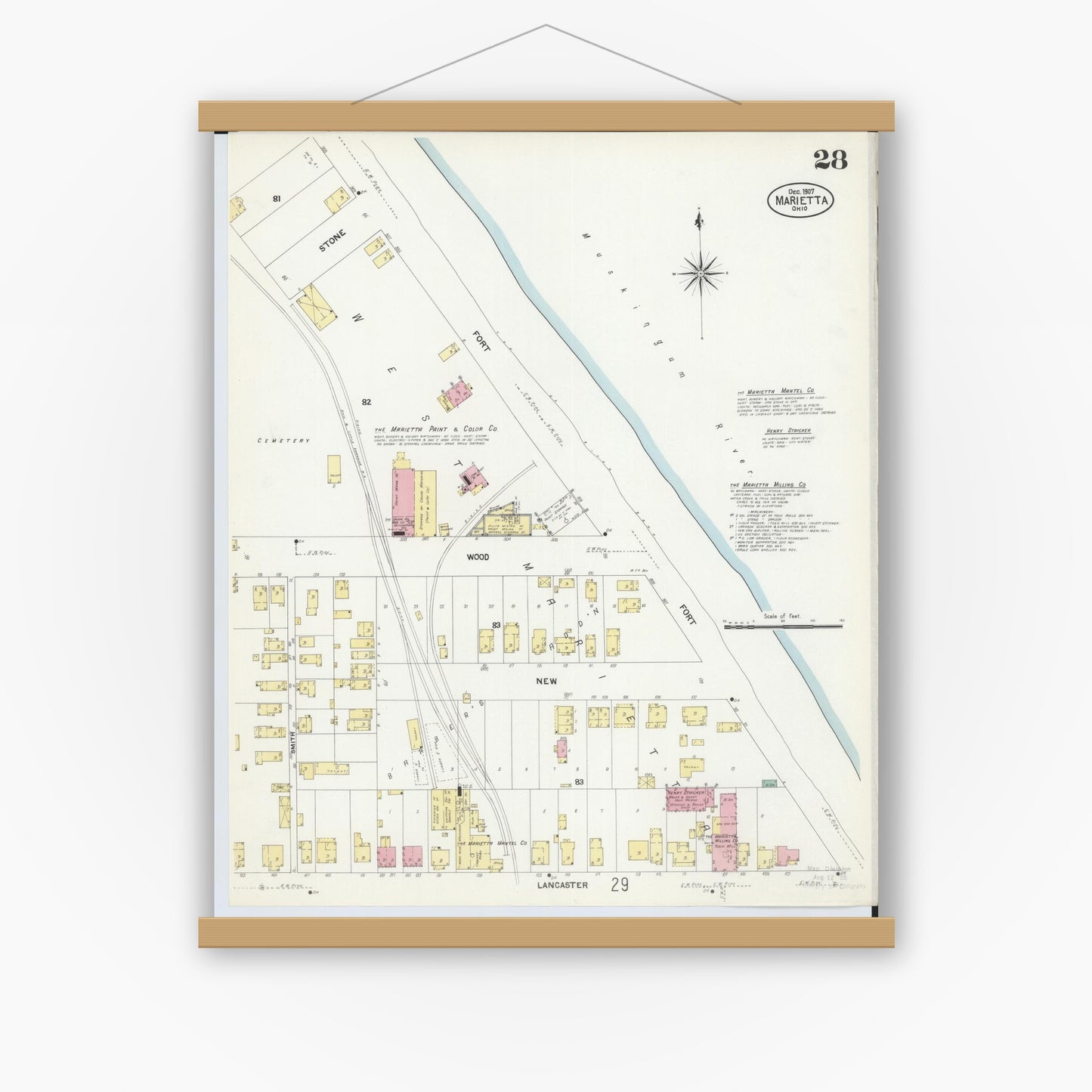 Old map wall art mockup — magnetic wood frame on white wall — Sanborn Fire Insurance Map from Marietta, Washington County, Ohio (1907), Sheet #0028