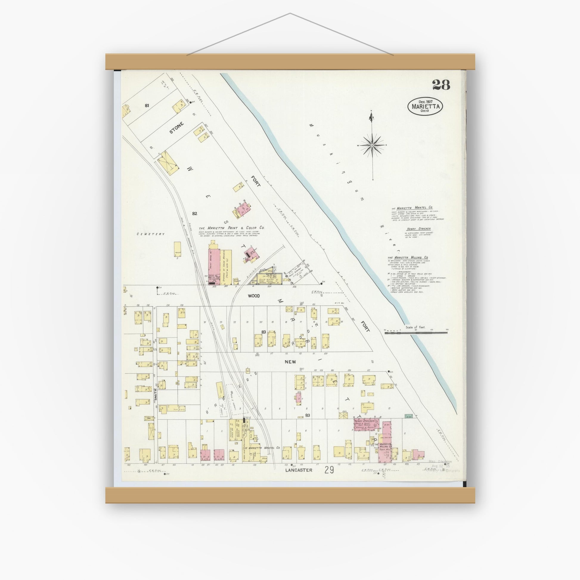 Old map wall art mockup — magnetic wood frame on white wall — Sanborn Fire Insurance Map from Marietta, Washington County, Ohio (1907), Sheet #0028