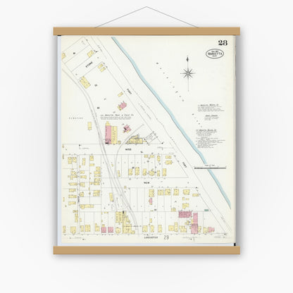 Old map wall art mockup — magnetic wood frame on white wall — Sanborn Fire Insurance Map from Marietta, Washington County, Ohio (1907), Sheet #0028