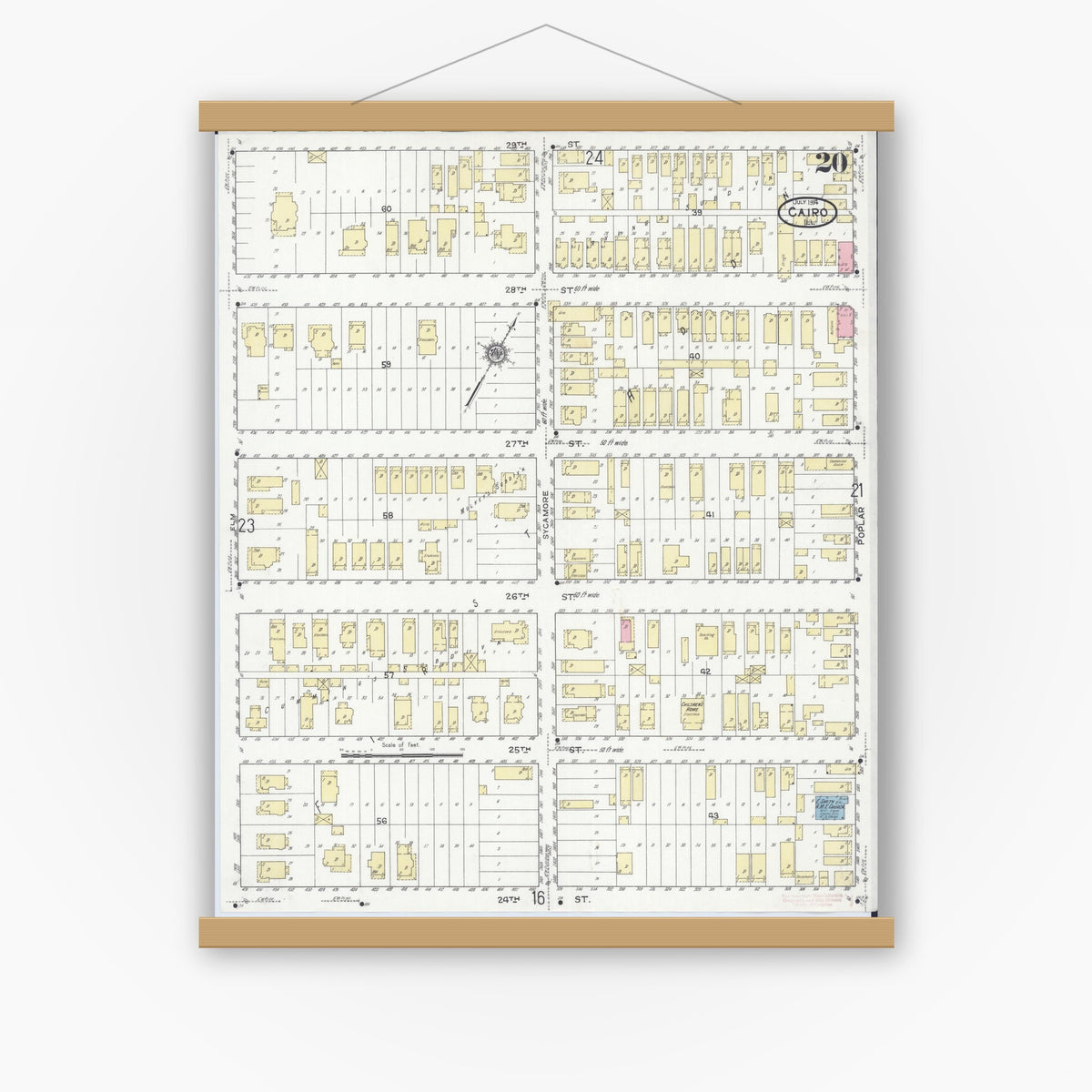 Old map wall art mockup — magnetic wood frame on white wall — Sanborn Fire Insurance Map from Cairo, Alexander County, Illinois (1914), Sheet #0020