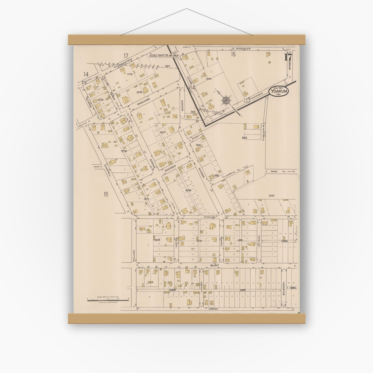 Old map wall art mockup — magnetic wood frame on white wall — Sanborn Fire Insurance Map from Yoakum, De Witt And Lavaca Counties, Texas (1922), Sheet #0017