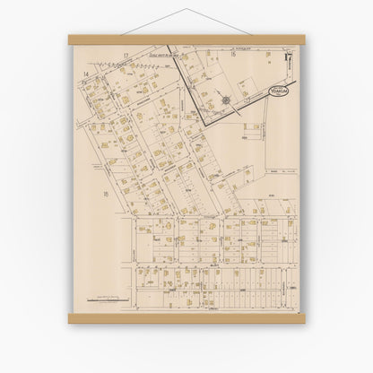 Old map wall art mockup — magnetic wood frame on white wall — Sanborn Fire Insurance Map from Yoakum, De Witt And Lavaca Counties, Texas (1922), Sheet #0017