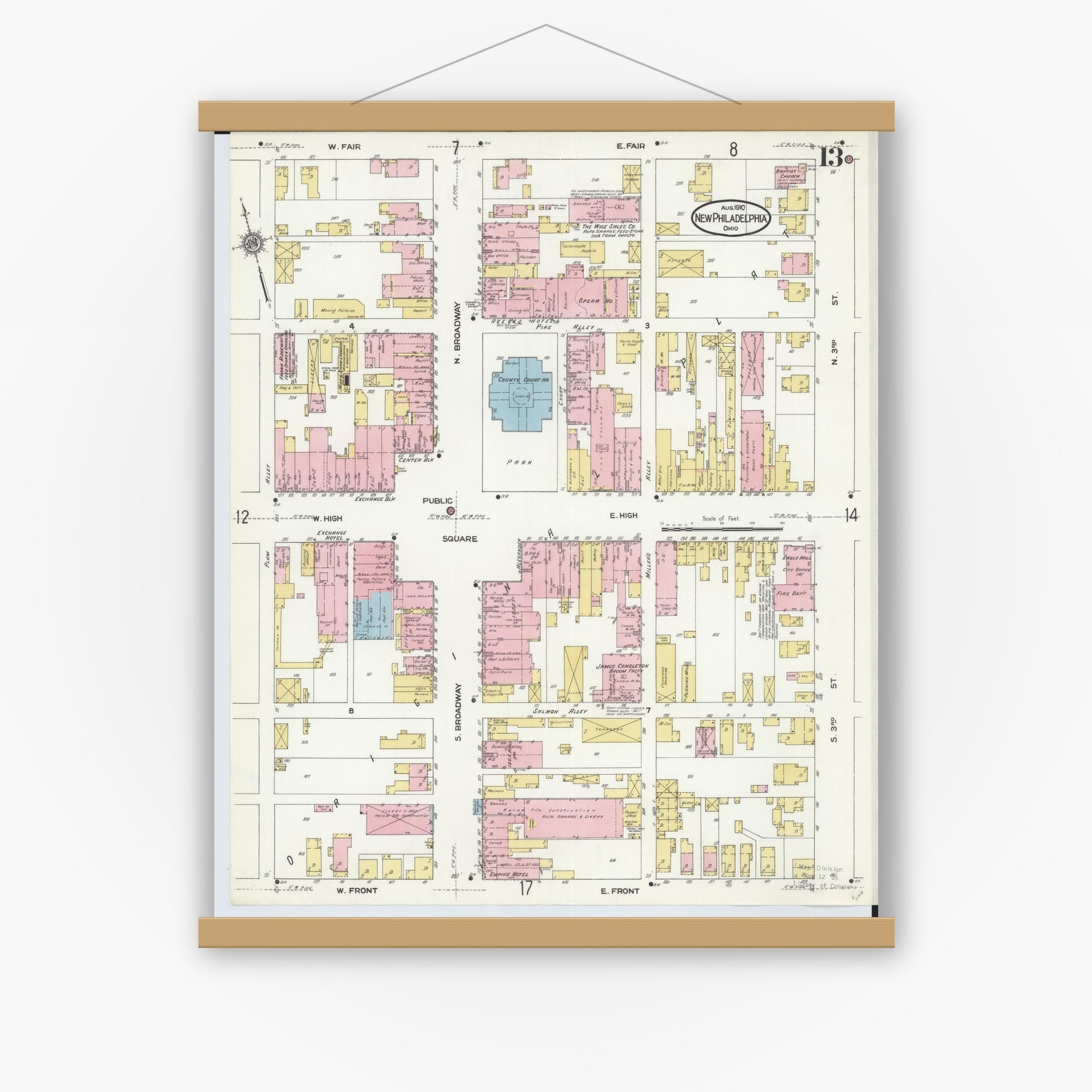 Old map wall art mockup — magnetic wood frame on white wall — Sanborn Fire Insurance Map from New Philadelphia, Tuscarawas County, Ohio (1910), Sheet #0013