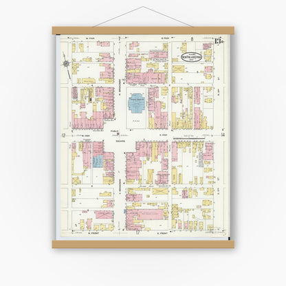 Old map wall art mockup — magnetic wood frame on white wall — Sanborn Fire Insurance Map from New Philadelphia, Tuscarawas County, Ohio (1910), Sheet #0013
