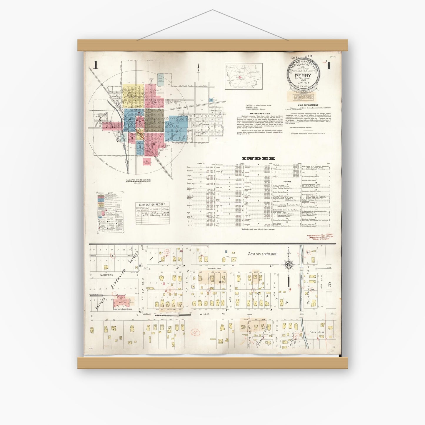 Old map wall art mockup — magnetic wood frame on white wall — Sanborn Fire Insurance Map from Perry, Dallas County, Iowa (1947), Sheet #0001