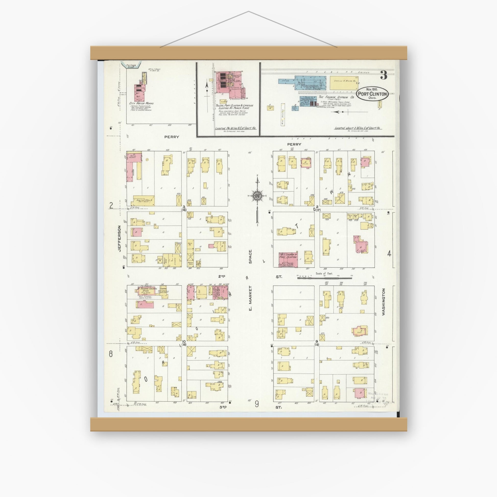 Old map wall art mockup — magnetic wood frame on white wall — Sanborn Fire Insurance Map from Port Clinton, Ottawa County, Ohio (1910), Sheet #0003