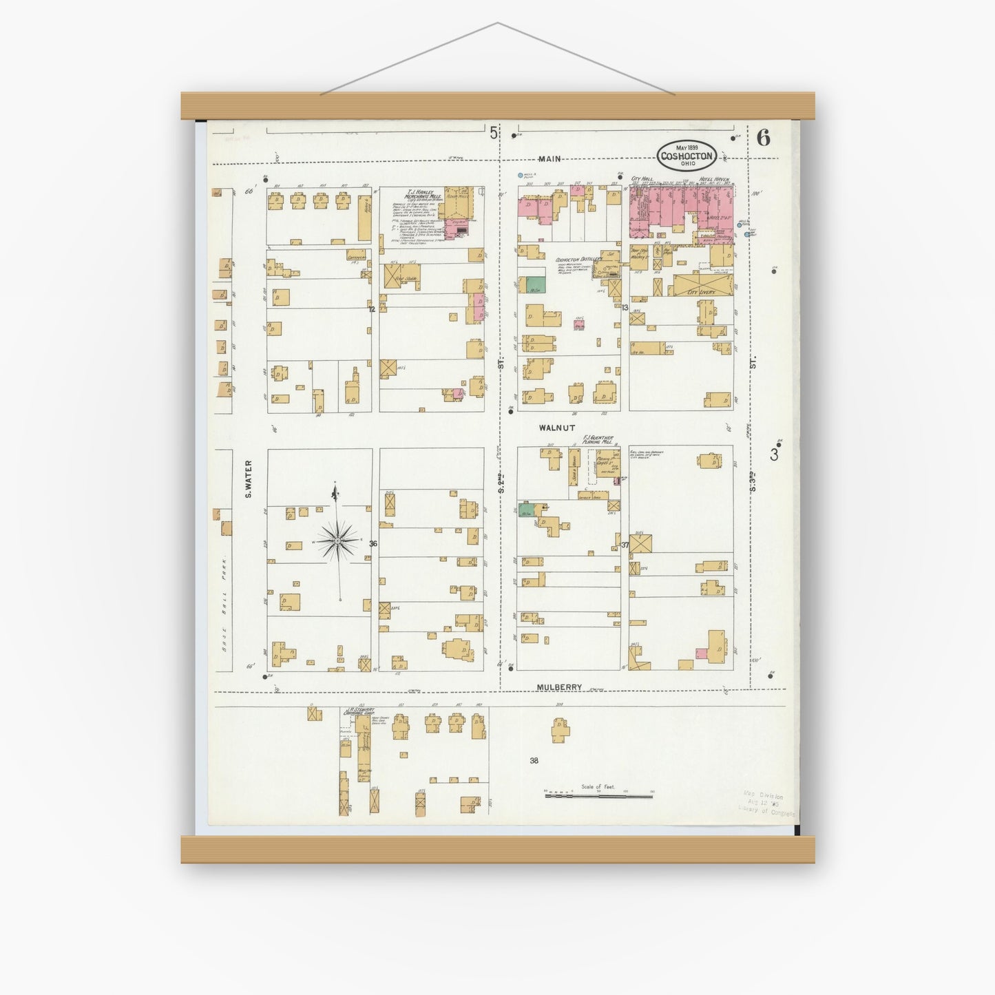 Old map wall art mockup — magnetic wood frame on white wall — Sanborn Fire Insurance Map from Coshocton, Coshocton County, Ohio (1899), Sheet #0006