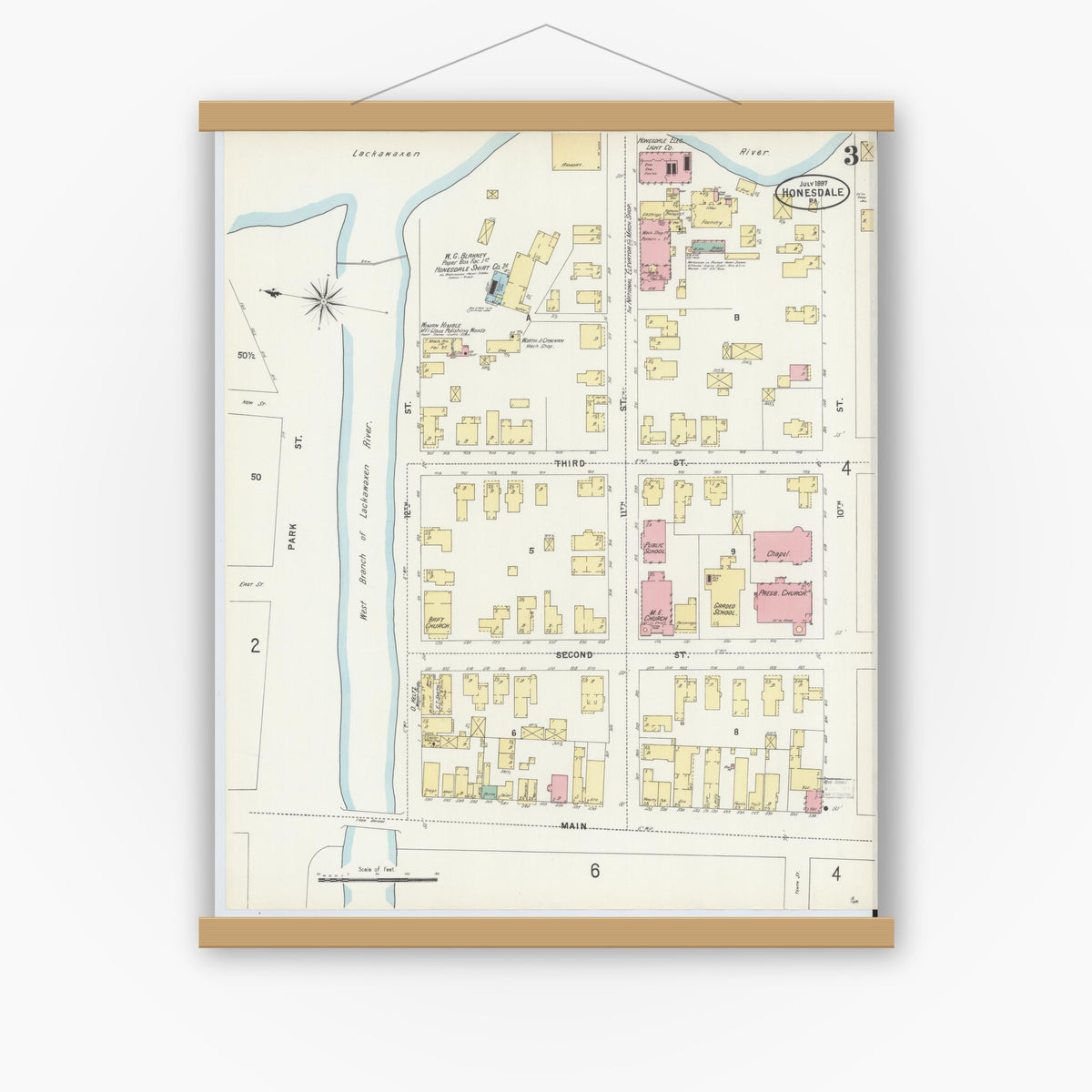 Old map wall art mockup — magnetic wood frame on white wall — Sanborn Fire Insurance Map from Honesdale, Wayne County, Pennsylvania (1897), Sheet #0003