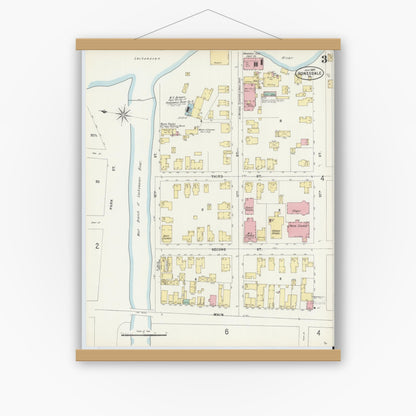 Old map wall art mockup — magnetic wood frame on white wall — Sanborn Fire Insurance Map from Honesdale, Wayne County, Pennsylvania (1897), Sheet #0003