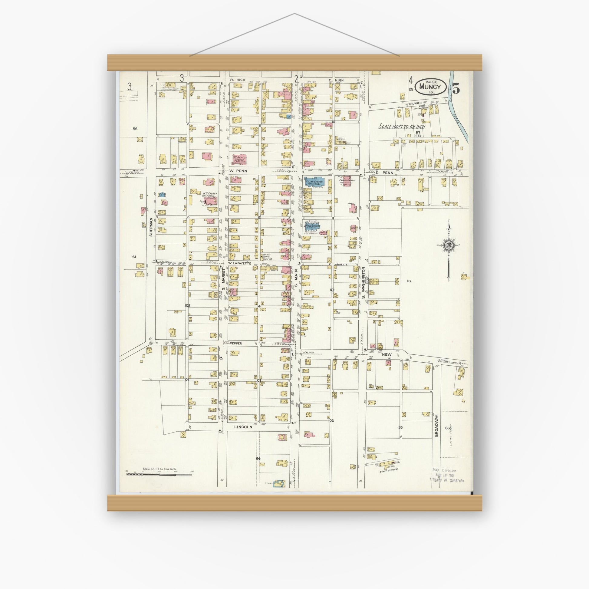 Old map wall art mockup — magnetic wood frame on white wall — Sanborn Fire Insurance Map from Muncy, Lycoming County, Pennsylvania (1916), Sheet #0005