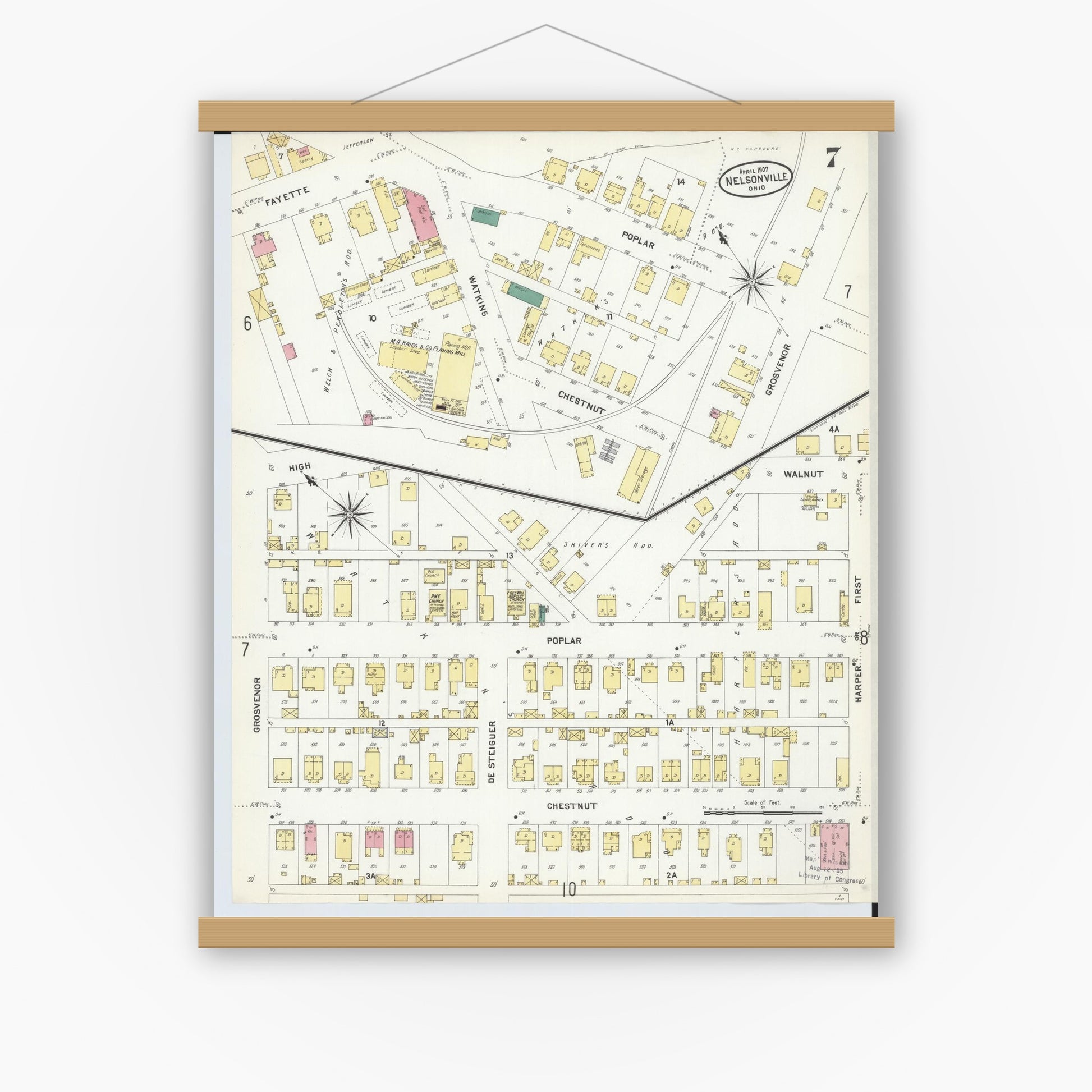 Old map wall art mockup — magnetic wood frame on white wall — Sanborn Fire Insurance Map from Nelsonville, Athens County, Ohio (1907), Sheet #0007